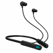 Wireless Neckband Bluetooth Headphones with LED Power Display, Built-In MP3 Player, TF Card Slot, In-Ear Mic Monitoring, IPX4 Waterproof, Black