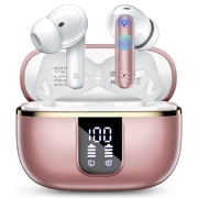 Wireless Noise Cancelling Earbuds Bluetooth 5.4 Headphones with Mic Deep Bass Stereo, 46H Playtime, LED Display, IPX7 Waterproof Sports Workout in Ear Buds for iPhone Android, Rose Gold