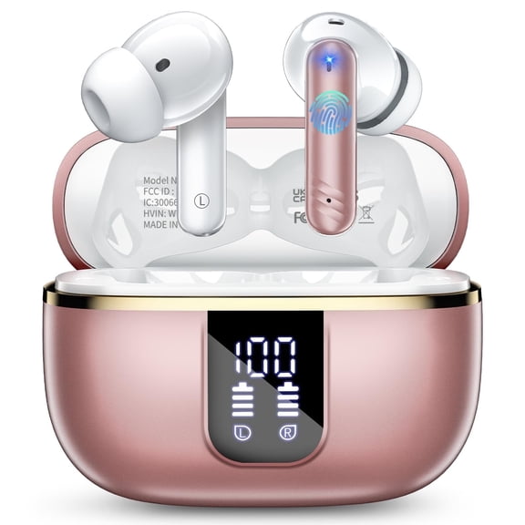 Wireless Noise Cancelling Earbuds Bluetooth 5.4 Headphones with Mic Deep Bass Stereo, 46H Playtime, LED Display, IPX7 Waterproof Sports Workout in Ear Buds for iPhone Android, Rose Gold