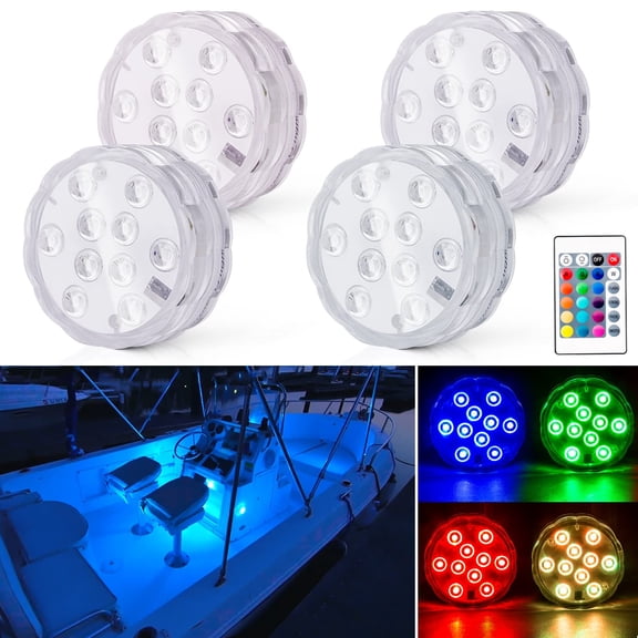 Wireless Operated Marine LED Deck Lights, 4 Pack, Multi Color Changing RGB with Remote Control