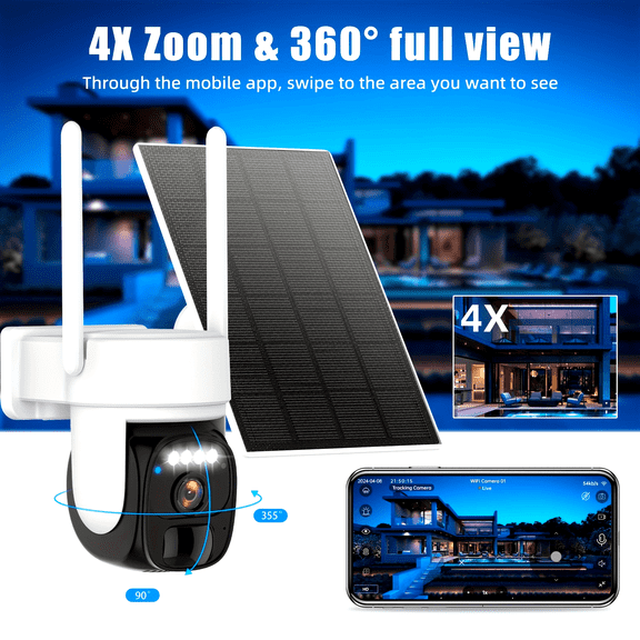 Wireless Outdoor Solar Security Camera 2K 360 PTZ with AI Motion Detection, Color Night Vision, Two-Way Audio, Cloud Storage, Waterproof for RV