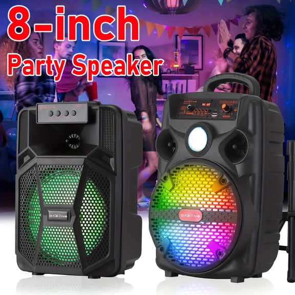 Wireless PA Speaker Portable Party Speaker, 8-Inch Woofer, LED Lights, with Tripod Stand, USB, TF Card, FM Radio, AUX Inputs, Rechargeable Battery, Wired Microphone, for Outdoor Party