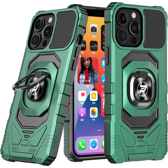 Wireless PROTECH Case Compatible with Apple iPhone 15 PRO MAX Phone (Screen Size 6.7 ) Ring Kickstand Magnetic Car Mount, PC and TPU Impact-Resistant Protective Case (Dark Green)