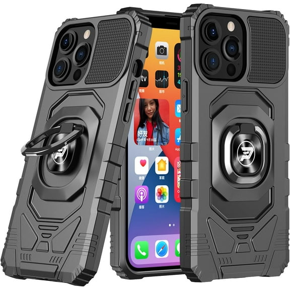 Wireless PROTECH Case Compatible with Apple iPhone 15 PRO MAX Phone (Screen Size 6.7) Ring Kickstand Magnetic Car Mount, PC and TPU Impact-Resistant Protective Case (Black)