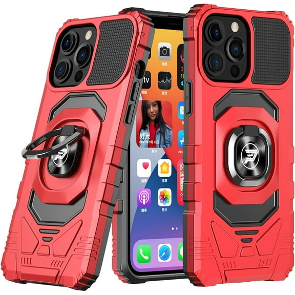 Wireless PROTECH Case Compatible with Apple iPhone 15 PRO MAX Phone (Screen Size 6.7 ) Ring Kickstand Magnetic Car Mount, PC and TPU Impact-Resistant Protective Case (Red)