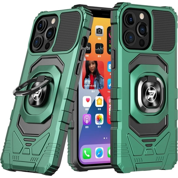 Wireless PROTECH Case Compatible with Apple iPhone 15 PRO MAX Phone (Screen Size 6.7 ) Ring Kickstand Magnetic Car Mount, PC and TPU Impact-Resistant Protective Case (Dark Green)