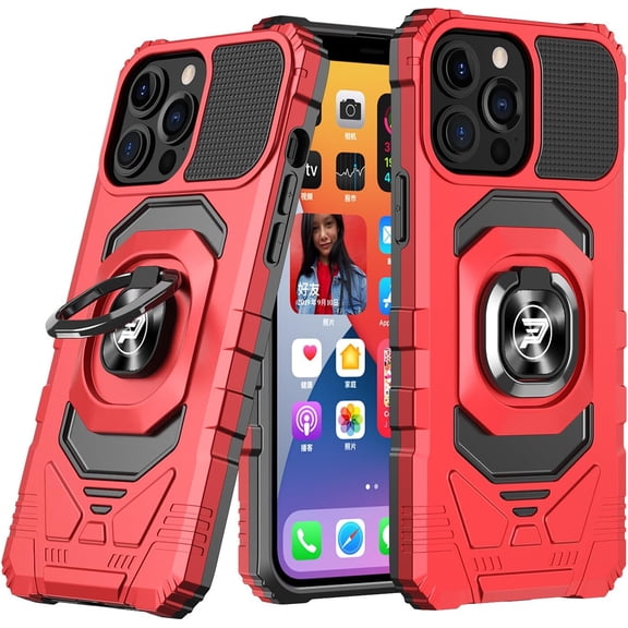 Wireless PROTECH Case Compatible with Apple iPhone 15 PRO Phone (Screen Size 6.1) Ring Kickstand Magnetic Car Mount, PC and TPU Impact-Resistant Protective Case (Red)