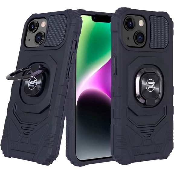 Wireless PROTECH Case Compatible with Apple iPhone 15 Phone (Screen Size 6.1 ) Ring Kickstand Magnetic Car Mount, PC and TPU Impact-Resistant Protective Case (Black)