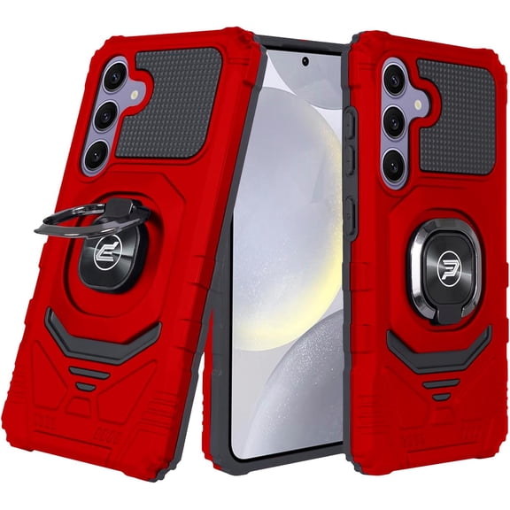 Wireless PROTECH Case Compatible with Samsung Galaxy S24 Phone (Screen Size 6.2") Ring Kickstand Magnetic Car Mount, PC and TPU Impact-Resistant Protective Case (Red)