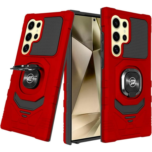 Wireless PROTECH Case Compatible with Samsung Galaxy S24 Ultra Phone (Screen Size 6.8") Ring Kickstand Magnetic Car Mount, PC and TPU Impact-Resistant Protective Case (Red)