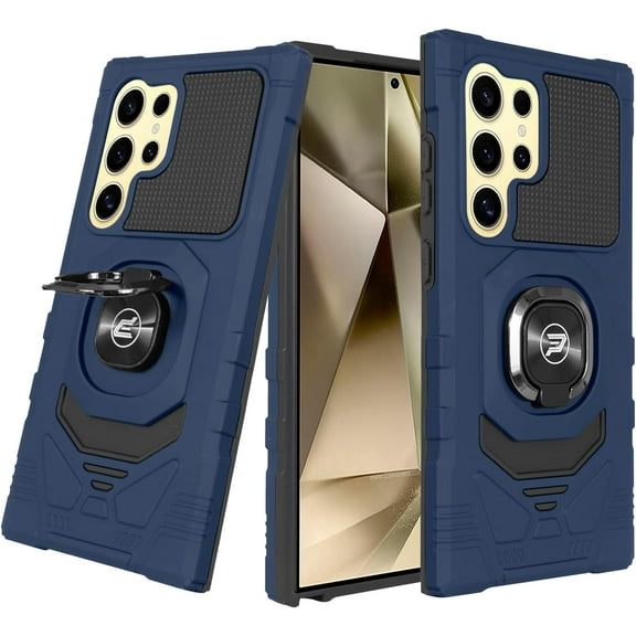 Wireless PROTECH Case Compatible with Samsung Galaxy S24 Ultra Phone (Screen Size 6.8") Ring Kickstand Magnetic Car Mount, PC and TPU Impact-Resistant Protective Case (Blue)