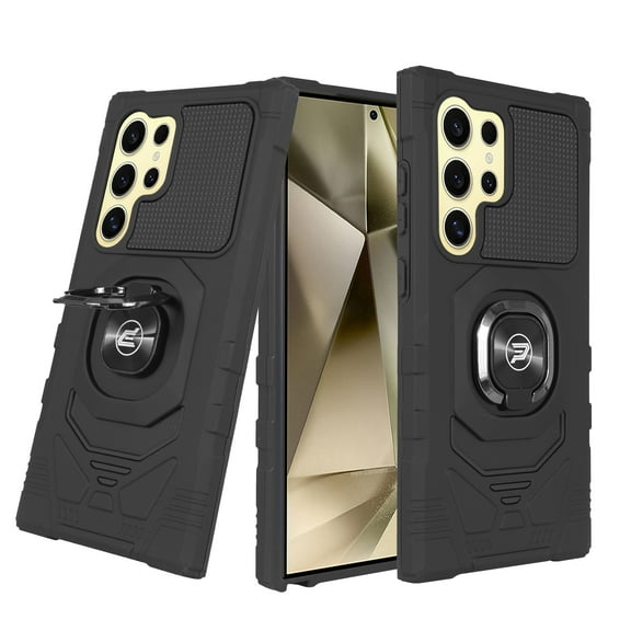 Wireless PROTECH Case Compatible with Samsung Galaxy S24 Ultra Phone (Screen Size 6.8") Ring Kickstand Magnetic Car Mount, PC and TPU Impact-Resistant Protective Case (Black)