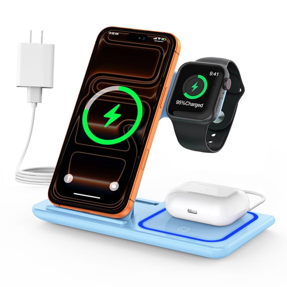 18W Wireless Phone Charger, 3 in 1 Charging Station for iphone 15/14/13/12/11/Pro/Pro max/XS, Fast Charging Stand for iWatch Series 8/7/6/5/4/3,Airpods 3/2/Pro with QC 3.0 Adapter (Blue)
