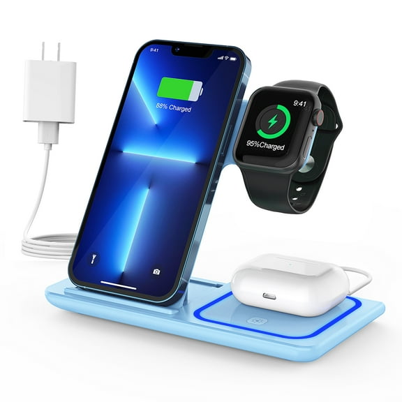 Wireless Phone Charger, 18W 3 in 1 Charging Station for iphone 15/14/13/12/11/Pro/Pro max/XS, Fast Charging Stand for iWatch Series 8/7/6/5/4/3,Airpods 3/2/Pro with QC 3.0 Adapter (Blue)