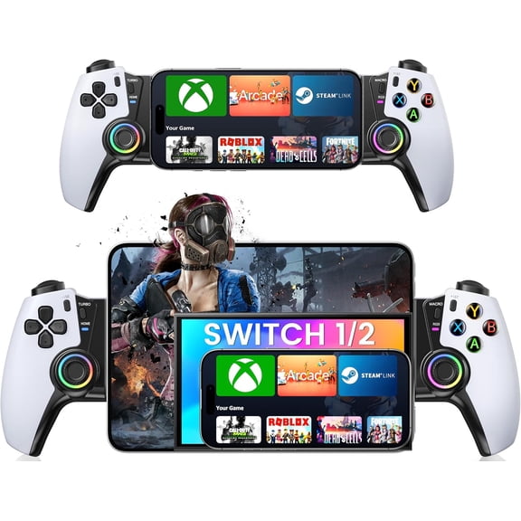 Wireless Phone Controller for iPhone/Android/Switch 1/2/OLED/iPad Mini With Hall Joystick, LED Mobile Gaming iOS Support Xbox, Steam Link, GeForce Now, Arcade,Call of Duty, Roblox