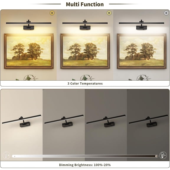 Wireless Picture Lights for Wall Battery Operated, Black Art Lighting for Paintings Rechargeable Gallery lights with Remote and Timer 3CCT Dimmable Painting Lights for Artwork Portrait 23.62 inch