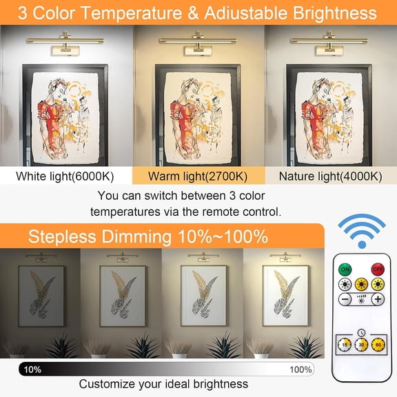 Wireless Picture Lights for Wall Rechargeable, Battery Operated Art Light for Paintings, 3CCT Dimmable, 15.7" Brass Finish with Remote, Rotatable Gallery Light for Pictures Display