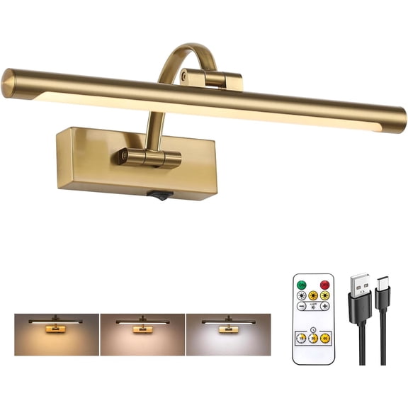 Wireless Picture Lights for Wall Rechargeable, Battery Operated Art Light Paintings, 3CCT Dimmable, 15.7" Brass Finish with Remote, Rotatable Gallery Pictures Display