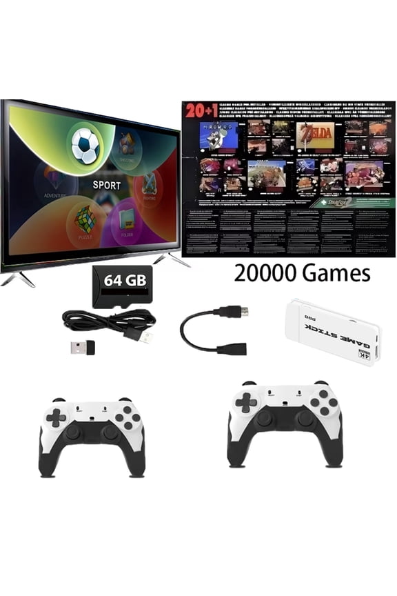 Wireless Plug-and-Play Retro Game Console, 20,000+ Games, 9 Emulators, 64GB, 2 Controllers, Two-Player, Compatible with TV/PC/Projector, Perfect for Holidays
