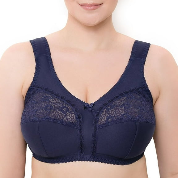 Wireless Plus Size Bra Wide Strap Unlined Minimizer Full Coverage 36 38 40 42 44 46 48 50 52 / C D E F G H I ( 50D, Navy)