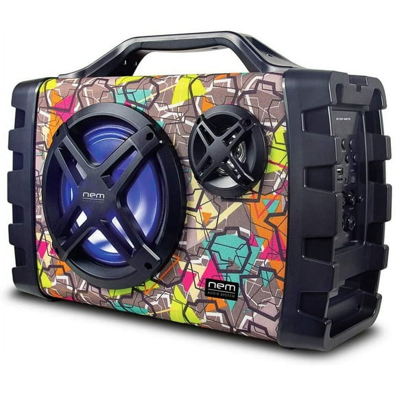 Wireless Portable Bluetooth High Performance Stereo Speaker Extra Bass, USB Recording, Rechargeable Battery, AUX, TF Card Input, FM Radio, MP3, Mic and Guitar Input, LED Lights (Graffiti)