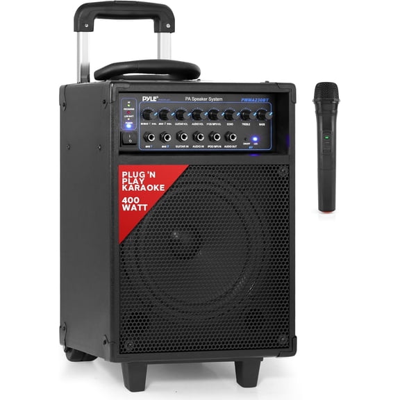 PYLE PWMA230BT - Wireless Portable Bluetooth PA Speaker System, Built-in Rechargeable Battery, Wireless Microphone, 400 Watt