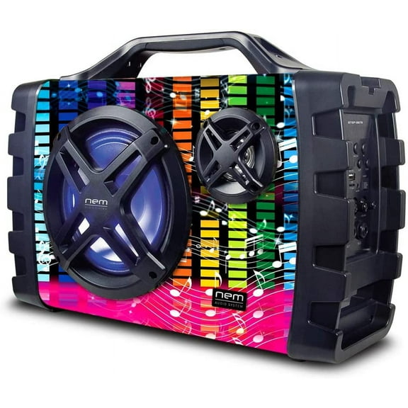 Wireless Portable Boom Box Stereo High Performance Bluetooth Speaker, NFC, USB Recording, Rechargeable Battery, LED Lights, AUX Input, FM Radio, MP3 System, Mic/Guitar Input w. Strap(Music Notes)