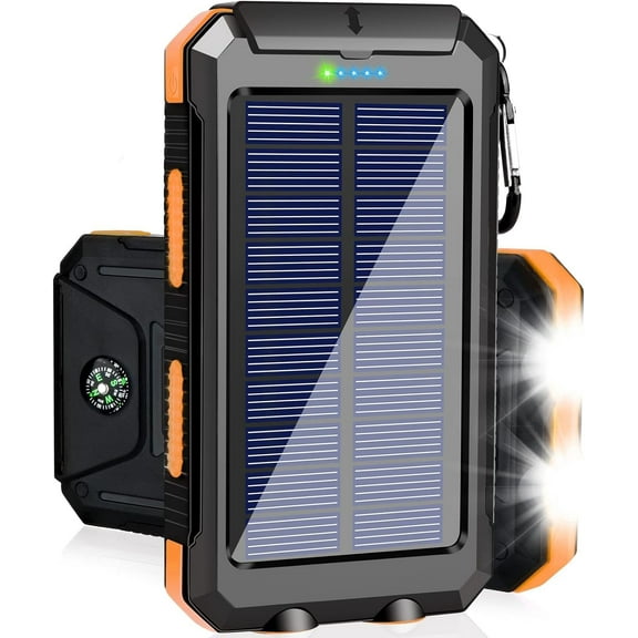 38800mAh Super Capacity Solar Charger with 2 LED Light Flashlight & Compass for Indoor Outdoor Camping Hiking, Portable Power Bank with 3-Outputs for iPhone/iPad/Android Phones-Orange