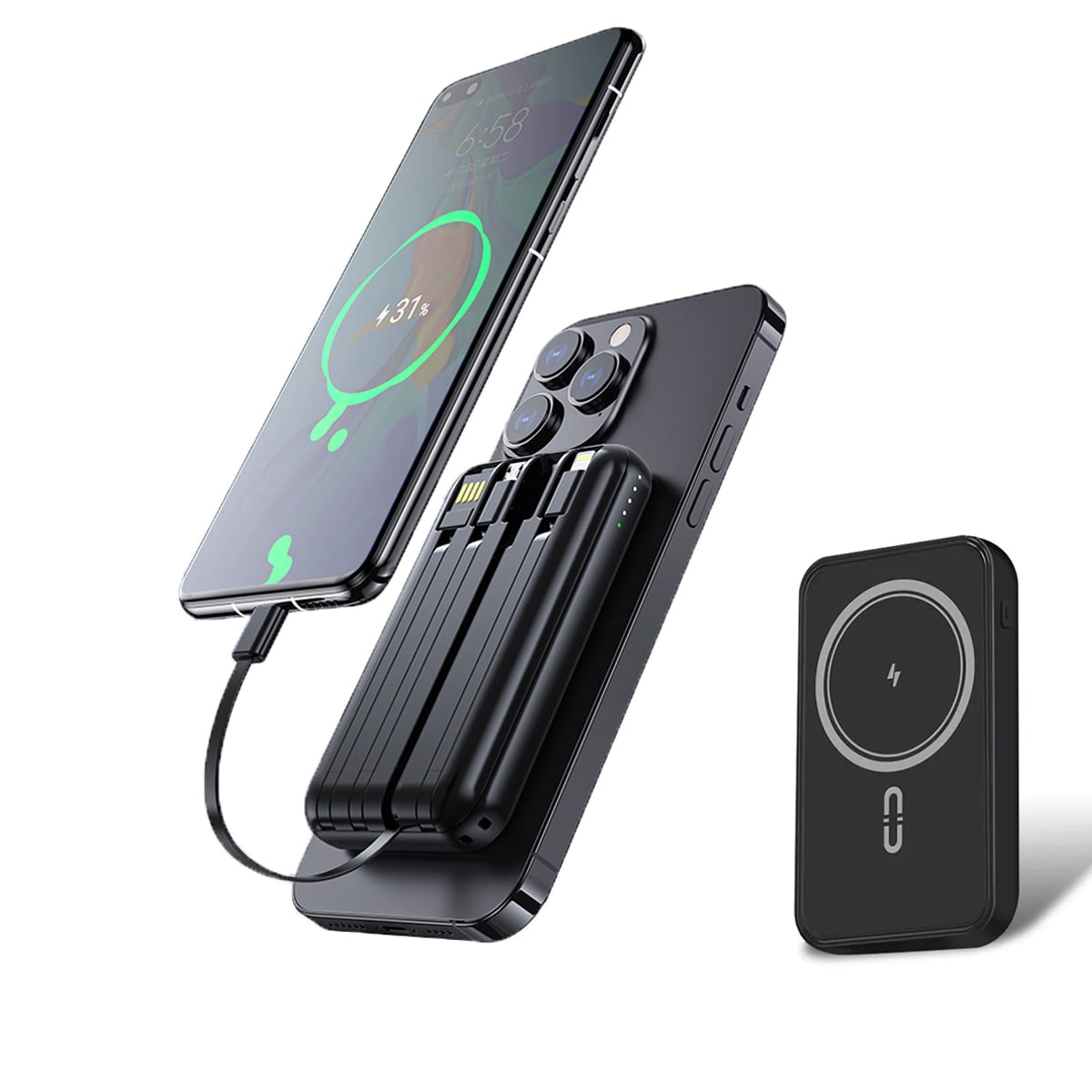 Wireless Portable Charger Magnetic Power Bank with 4 Cables, 10000mAh Hapyland Portable Charger for iphone and Android, Mini Battery Pack Travel Essentials for Outdoor Mergency Power