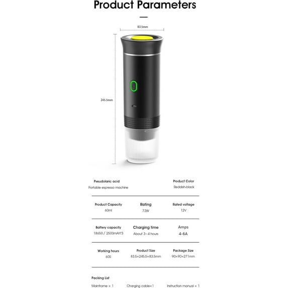 Wireless Portable Electric Coffee Maker with USB-C, Self-Heating, Rechargeable Espresso Coffee Machine for Travel, Camping, RV,Home,Office (black)