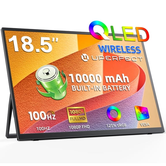 Wireless Portable Monitor 18.5 inch 1080P 100Hz, No Cables Needed to Connect Phone/Laptop, 4H Battery Auto-Rotate, IPS 123% sRGB USB-C HDMI Travel Display for Remote Work Streamers Coders