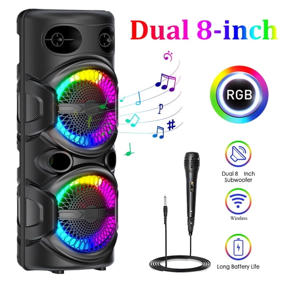Wireless Portable Speaker with Dual 8 Woofers, LED Lights, TWS & FM, USB Rechargeable PA System