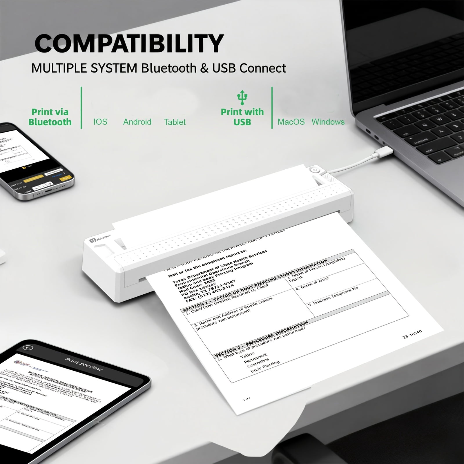 Wireless Portable Thermal Printer - 2-In-1 Tattoo Transfer Printer And Document Copier - Inkless Phone/Laptop Printer, Supports A4/8.5" X 11" US Letter, Compact for Travel And Home