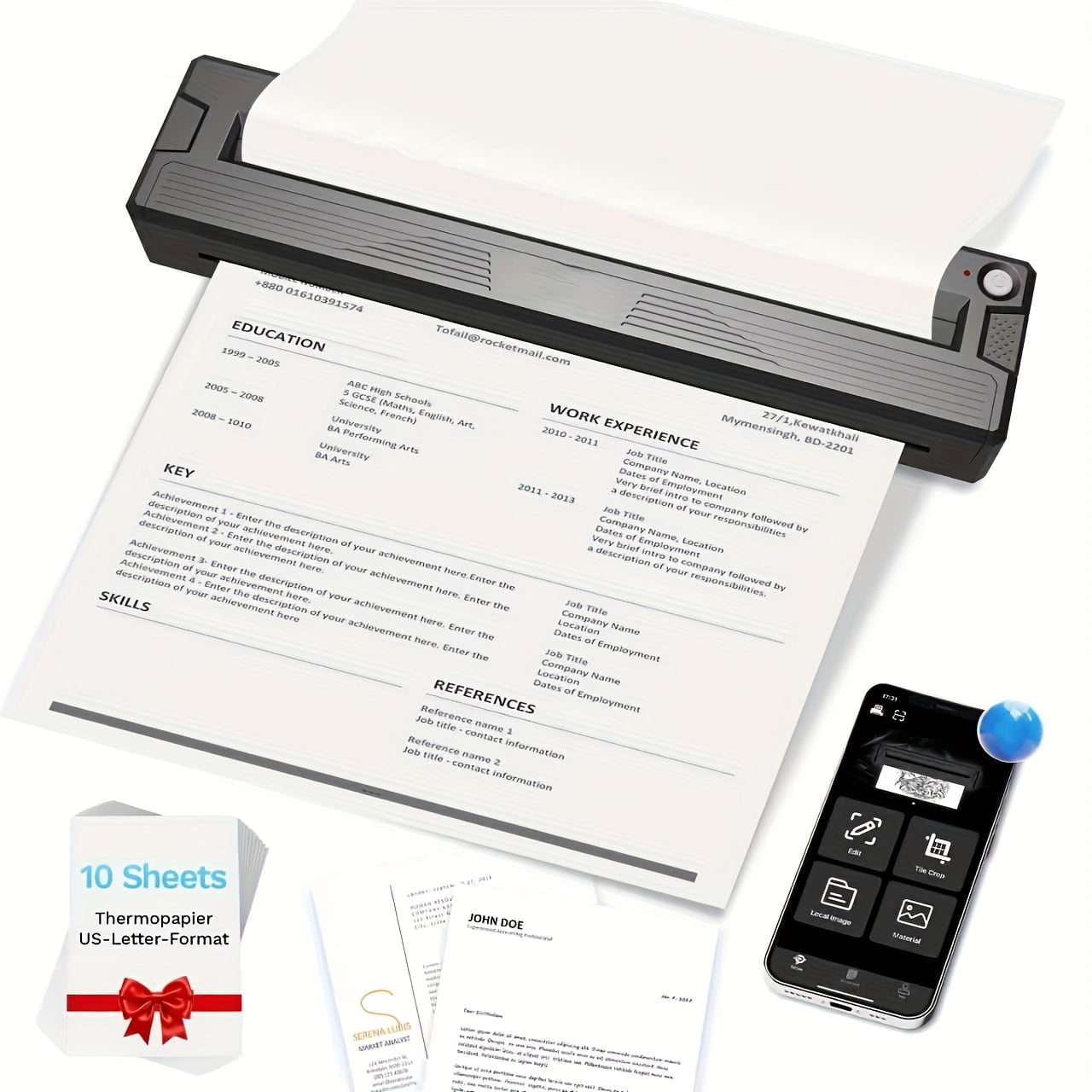 Wireless Portable Thermal Printer for Travel, Inkless Bluetooth Mini Printer Compatible with Android, Supports A4 A5 Letter Legal Paper with Thermal & Tattoo Transfer Paper