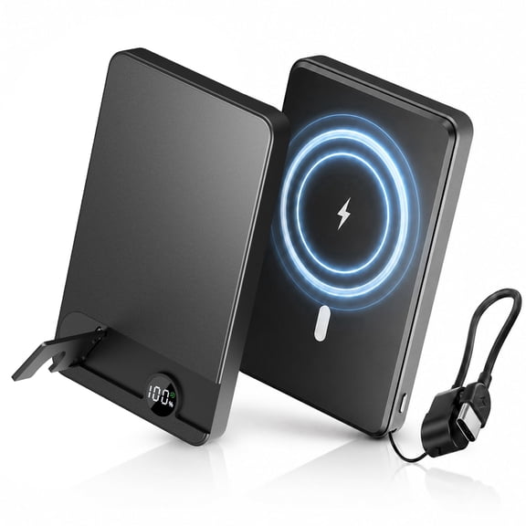 Magnetic Power Bank 10000mAh, 20W Fast Charging Wireless Power Bank, Portable Charger With a folding stand and Portable Fast-Charging Cable, Compatible with iPhone 17/16/15 Series, Samsung, Android
