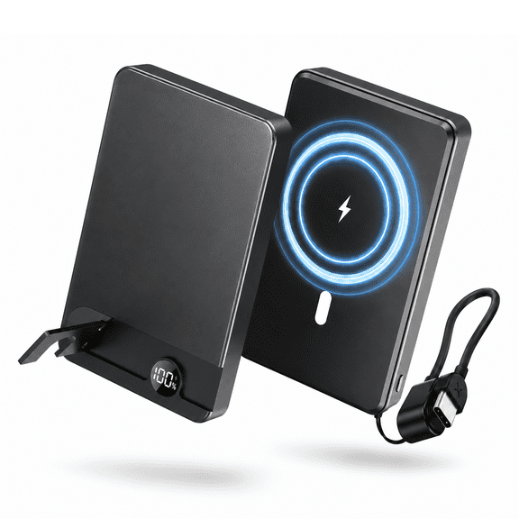 Magnetic Power Bank 10000mAh, 20W Fast Charging Wireless Power Bank, Portable Charger With a folding stand and Portable Fast-Charging Cable, Compatible with iPhone 17/16/15 Series, Samsung, Android