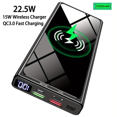 Wireless Power Bank, 10000mAh Portable Charger PD20W QC3.0 15W Wireless Charging LED Display, External Battery Pack, 2 Inputs And 4 Outputs (Qi & USB C) For IPhone Samsung Huawei IPad Headset Etc.