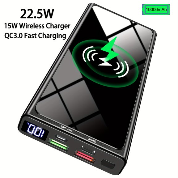 Wireless Power Bank, 10000mAh Portable Charger PD20W QC3.0 15W Wireless Charging LED Display, External Battery Pack, 2 Inputs And 4 Outputs (Qi & USB C) For IPhone Samsung Huawei IPad Headset Etc.