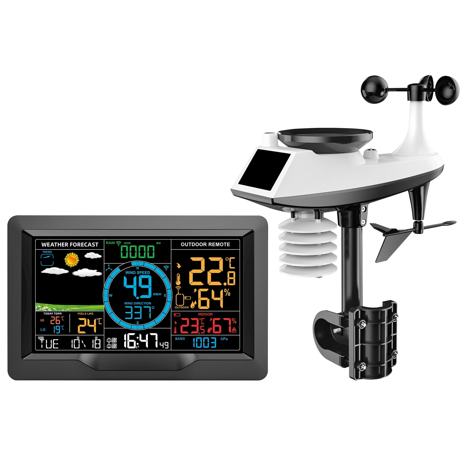 Wireless Professional Weather Station Temperature Humidity Sensor Wind Direction And Speed Barometric Alarm Clock ,Easy to Install