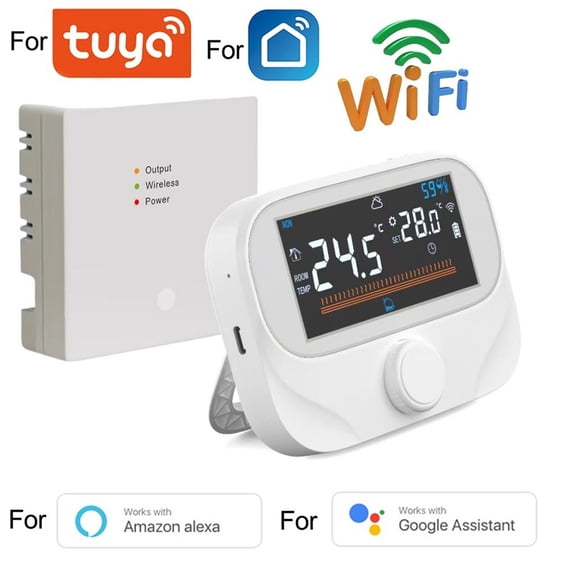 Wireless Programmable Boiler Thermostat for Tuya Smart App, RF Temperature Controller with Rotary Knob, LCD Display Weather Humidity, Anti-Freeze Timer Schedule, White(WiTH3-WIFI)