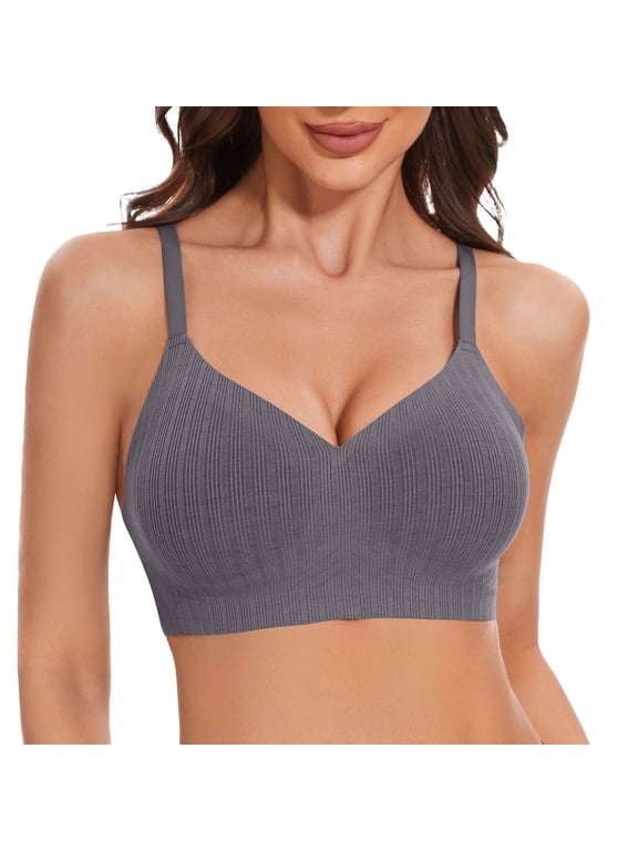 Wireless Push Up Bras for Women Comfortable Support Seamless Bra Ribbed V-Neck Bra Padded Bralette