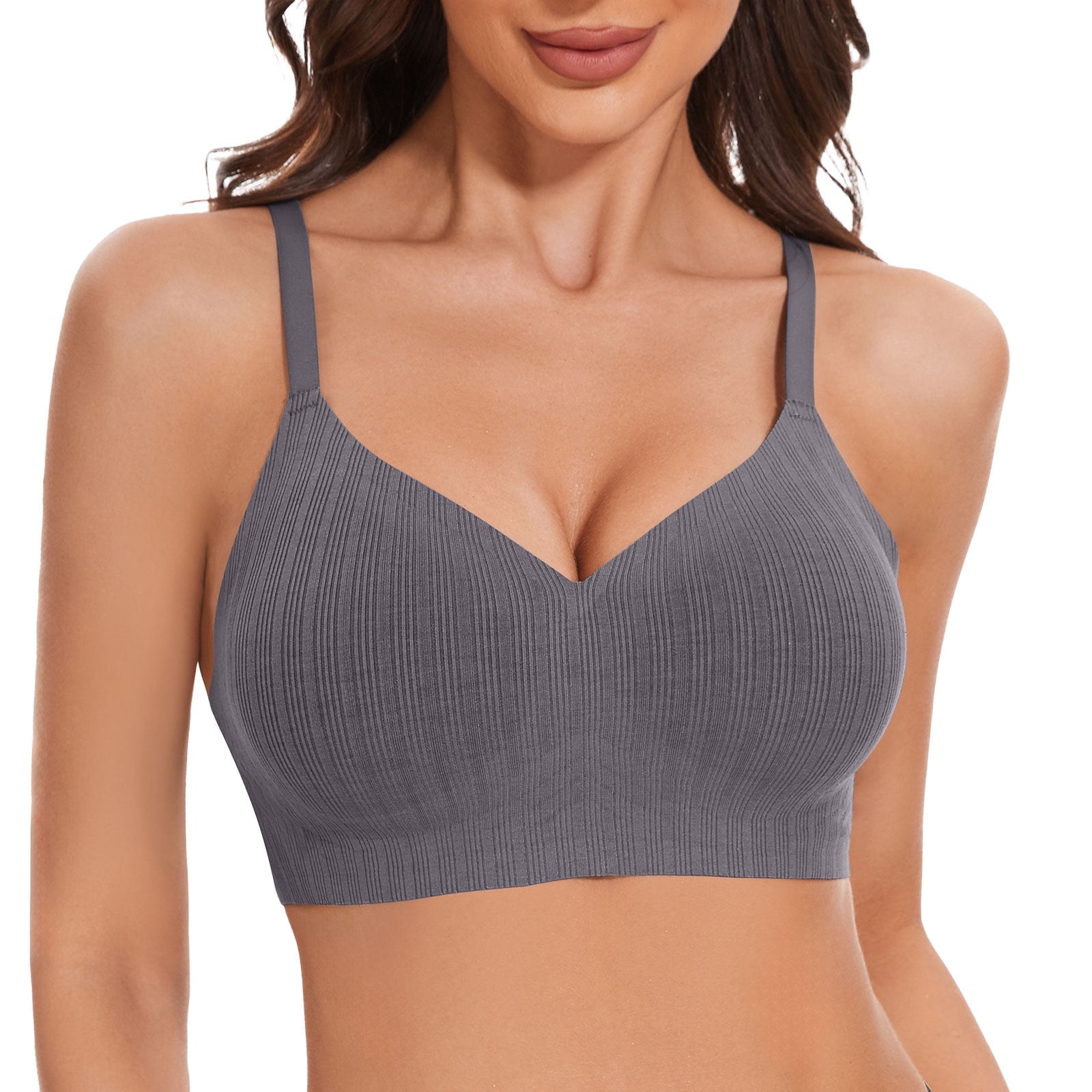 Wireless Push Up Bras for Women Comfortable Support Seamless Bra Ribbed V-Neck Bra Padded Bralette