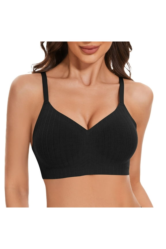 Wireless Push Up Bras for Women Comfortable Support Seamless Bra Ribbed V-Neck Bra Padded Bralette