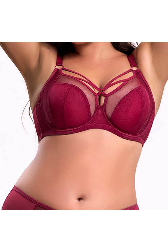 Wireless Push-Up Bras for Women Large Bust Cutout Mesh Bralettes Strappy T-Shirt Bras Wine Underwear, 85J Wine