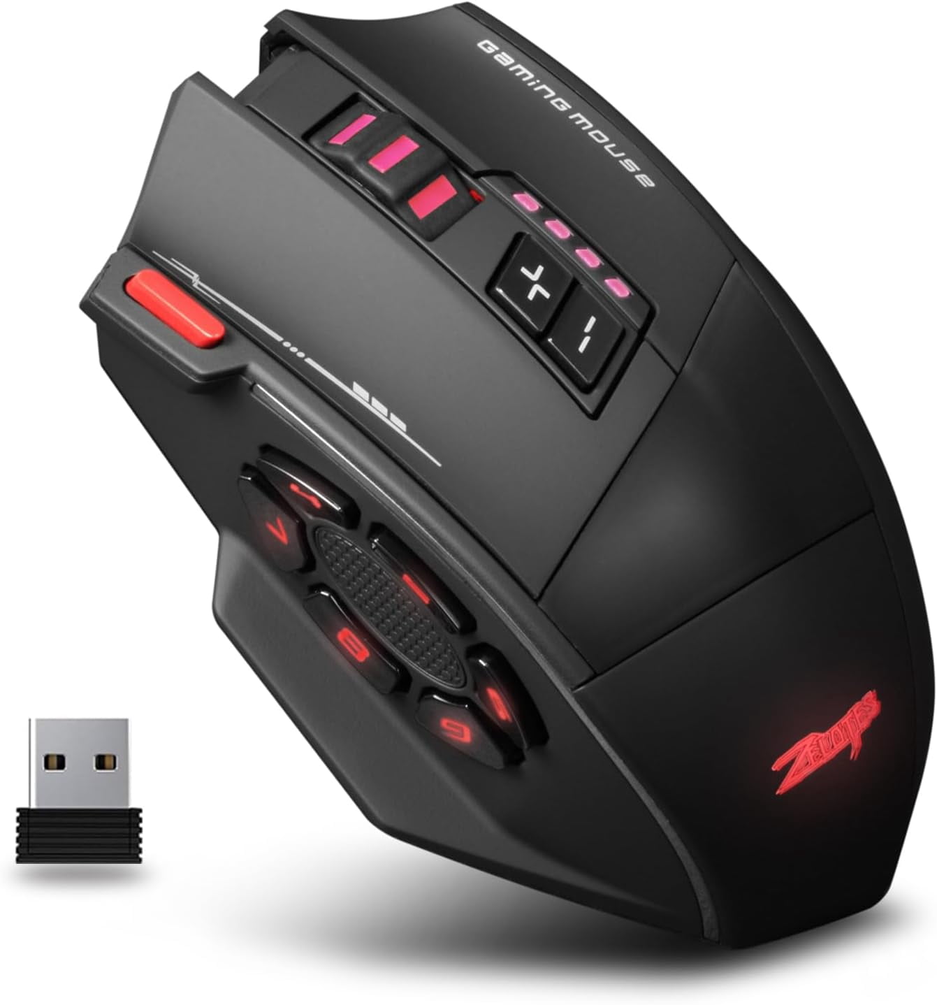 Wireless RGB Gaming Mouse, 2.4G Bluetooth Dual Mode Mouse with 24000 DPI PMW-3311 Sensor, 13 Macro Programmable Buttons, 50Hr Rechargeable Ergonomic Mouse for PC Laptop FPS MOBA (Black)