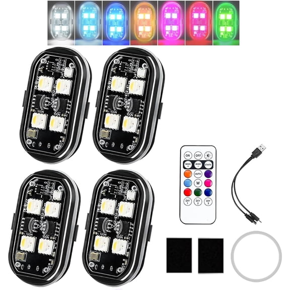 Wireless RGB LED Lights with Remote Control, 8 Colors 10 Flash Modes Long Battery Life USB Charging, Lights Waterproof Emergency Warning Light for Drone Car Motorcycle Bike (4-Light)