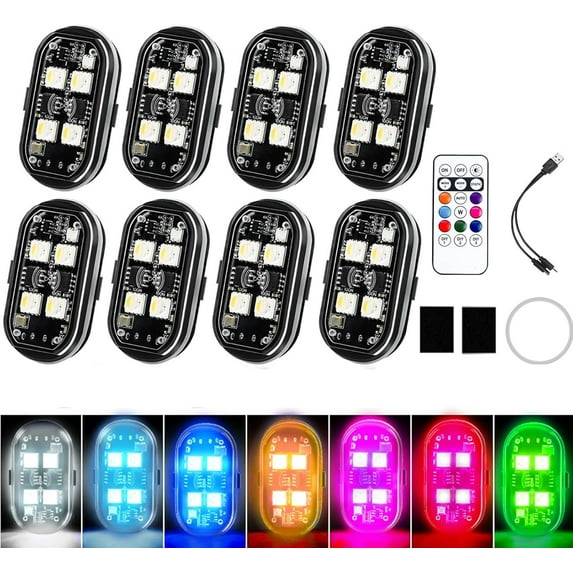 Wireless RGB LED Lights with Remote Control,High Brightness Strobe Light,8 Colors,10 Flash Mode,USB Charging for Drone Car Motorcycle Bike
