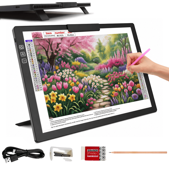 KOBAIBAN A4 Diamond Art Light Board – 1500mAh Battery, 6-Level & Stepless Dimming, Built-in Stand & Clip, Light Box for Tracing, Drawing, Diamond Painting
