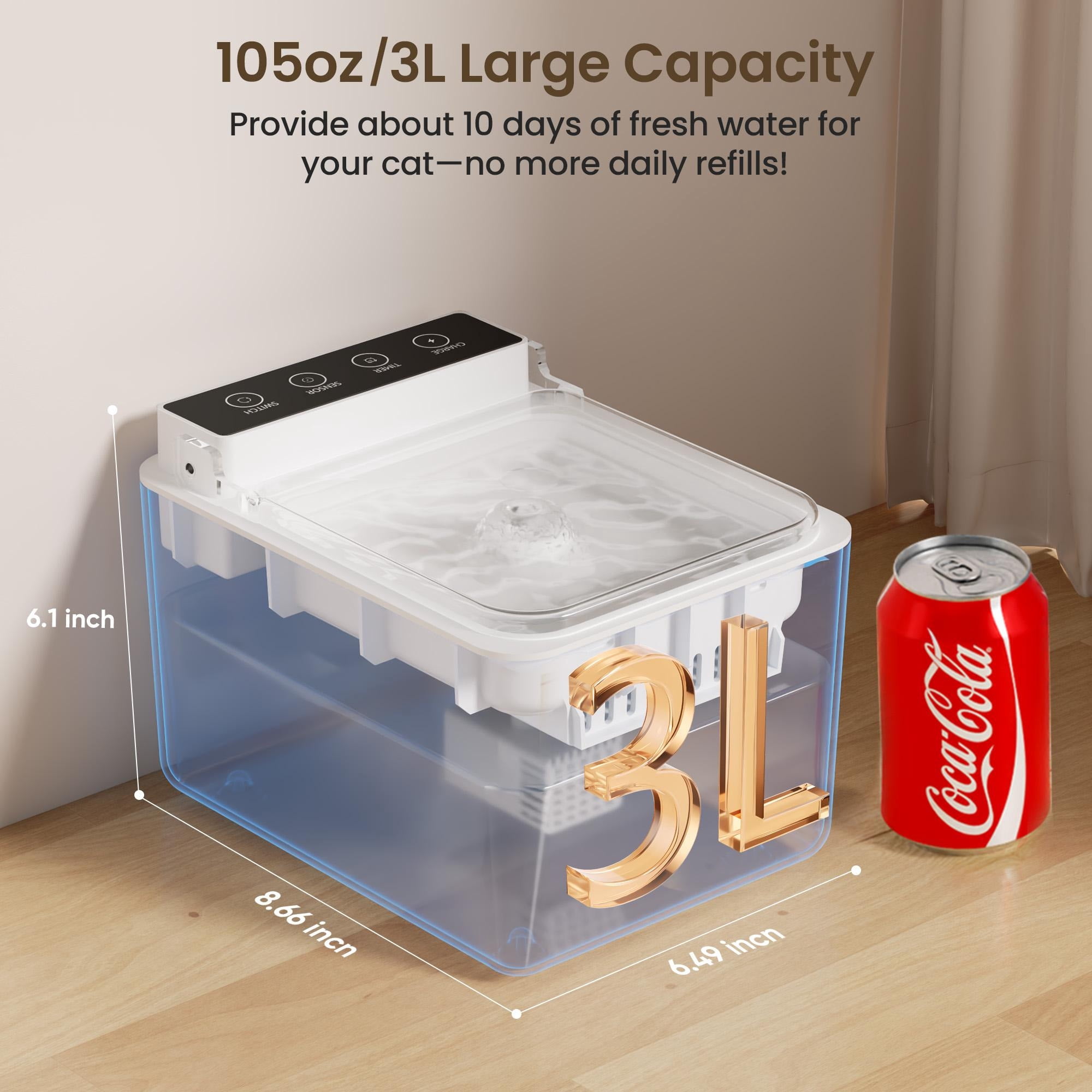 Wireless Rechargeable Battery Operated Cat Water Fountain 304 Stainless Steel105oz/3L Larger Sensor Auto Pet FountainQuiet PumpBPA-FreeRadar Induction