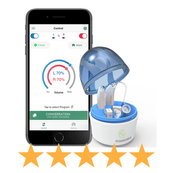 Wireless Rechargeable DiscoMax Hearing Amplifiers with free mobile App for iphone and android - Exchangeable replaceable battery modules - Best cheap hearing assist Amplifier - Left